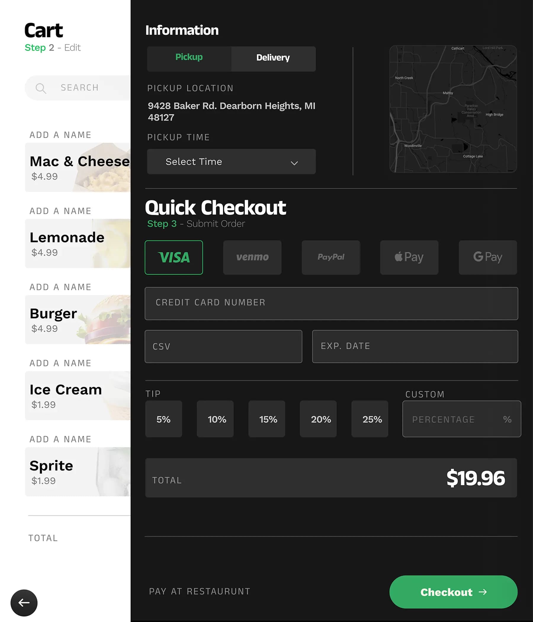 Effortless Eats checkout page showing cart contents on the left with items like Mac & Cheese and Lemonade. Right side displays pickup information, payment options including Visa and PayPal, and tip selection. Total order cost is $19.96.