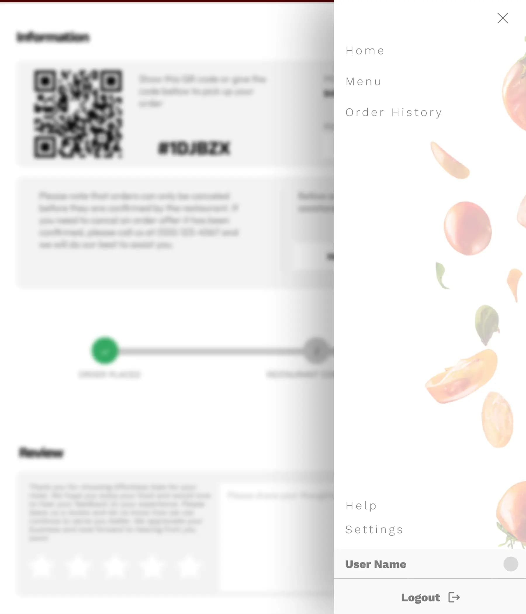 Blurred Effortless Eats information page with a QR code visible. Right side shows a partially visible navigation menu including Home, Menu, and Order History options.