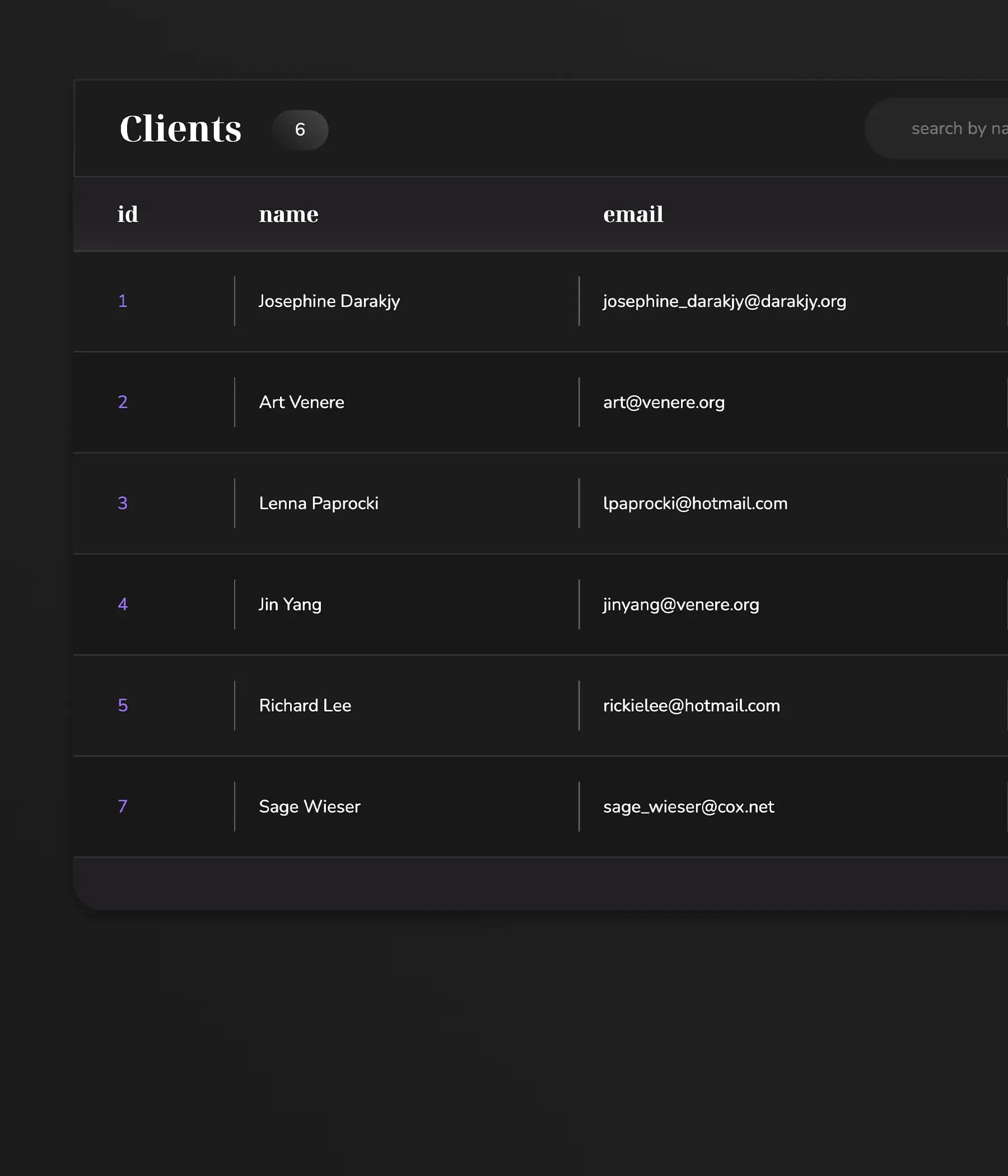 Home Designer 'Clients' table view displaying 6 entries. Columns show id, name, and email for each client. A search bar is visible at the top right.