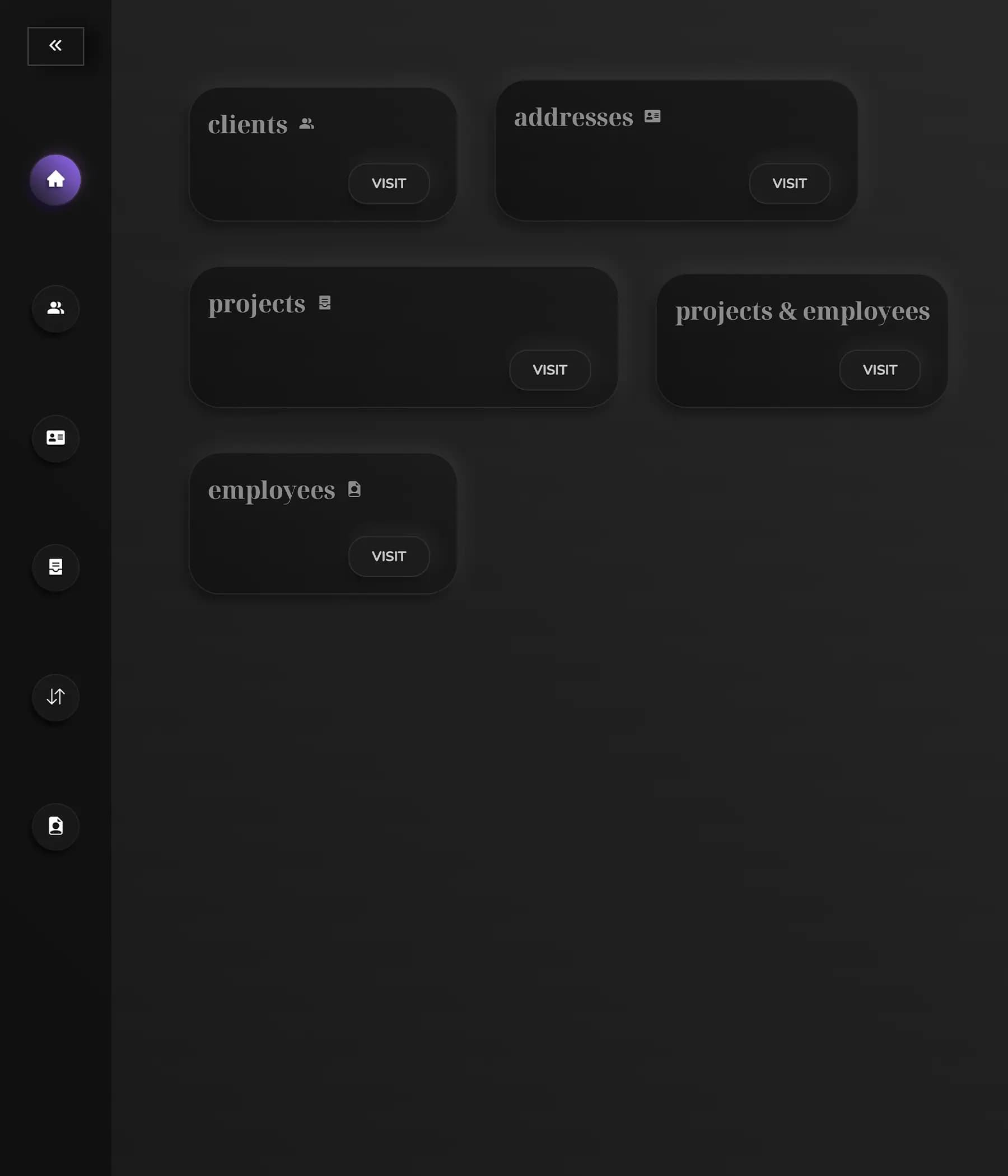Dark-themed Home Designer dashboard with navigation sidebar. Main area displays clickable cards for 'clients', 'addresses', 'projects', 'projects & employees', and 'employees'. Each card has a 'VISIT' button.