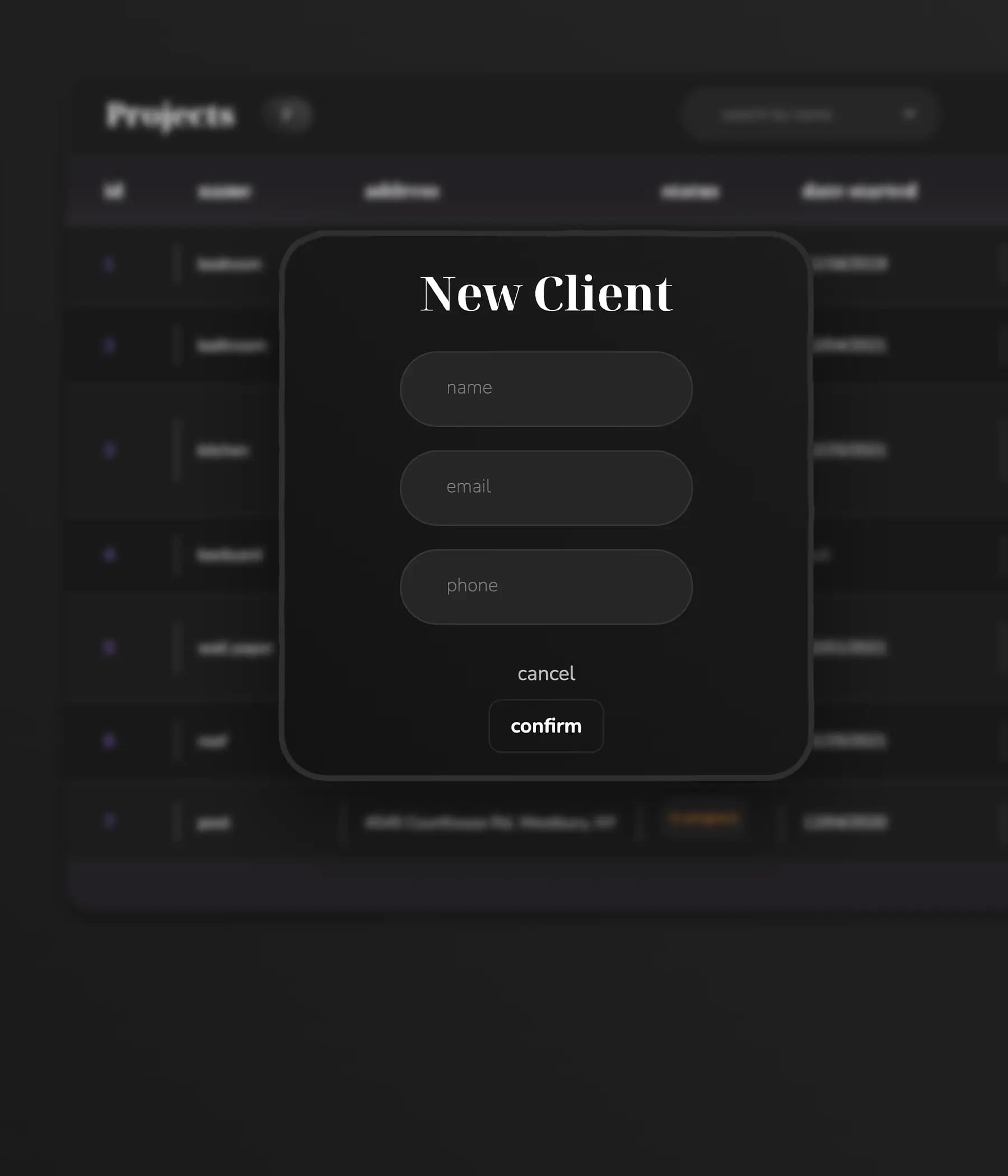 Home Designer interface showing a 'New Client' modal form overlaying a blurred project list. The form includes input fields for name, email, and phone, with 'cancel' and 'confirm' buttons at the bottom.