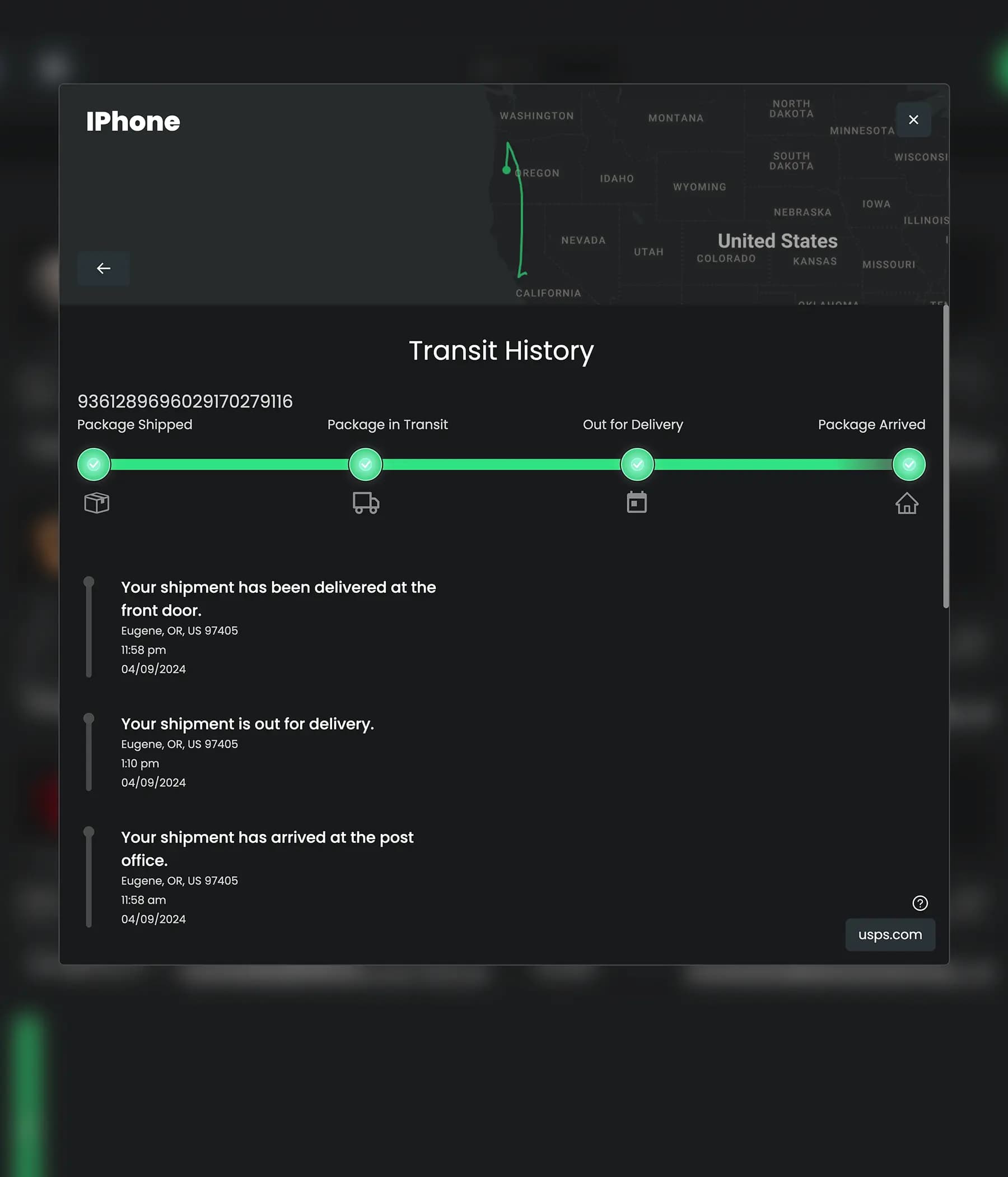 Shipment Tracker detailed view for 'iPhone' package. Shows US map with package route from California to Oregon. Transit history timeline indicates completed delivery, with updates listing delivery steps in Eugene, OR on 04/09/2024.