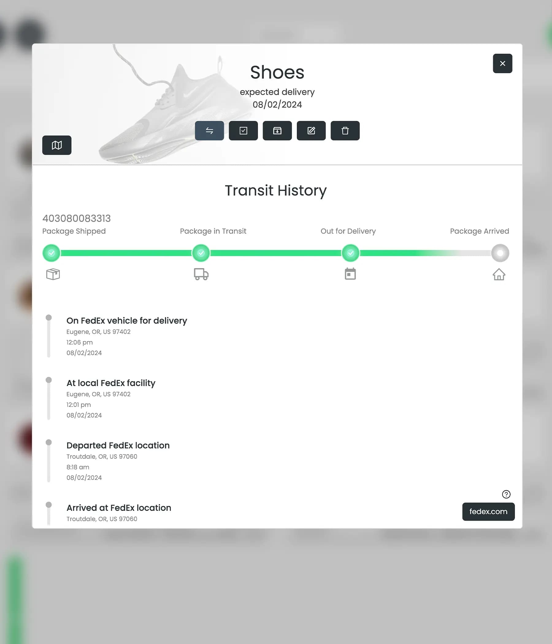 Shipment Tracker detail view for 'Shoes' package. Shows expected delivery date of 08/02/2024 and transit history timeline. FedEx tracking updates listed, including current status 'On FedEx vehicle for delivery' in Eugene, OR.