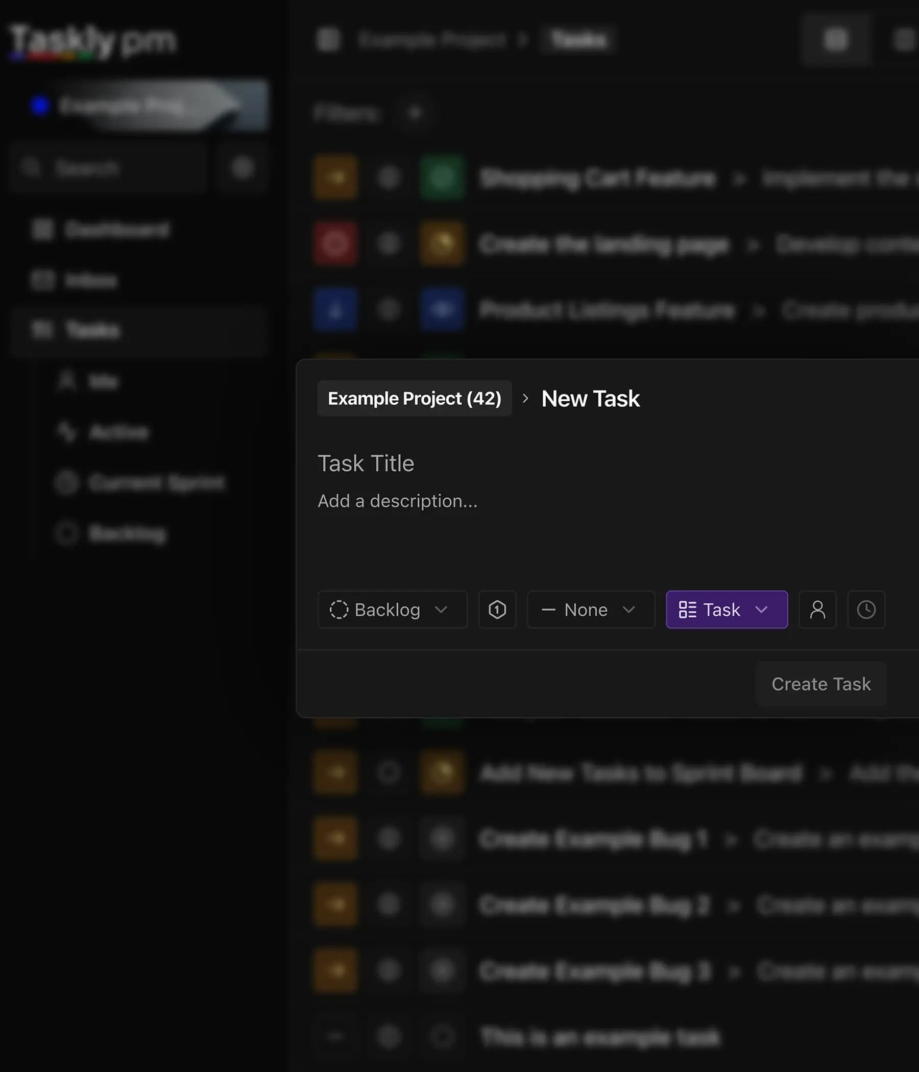 Taskly project management interface showing 'New Task' creation modal for 'Example Project (42)'. The modal includes fields for Task Title, Description, and options for Backlog, Priority, and Task Type.