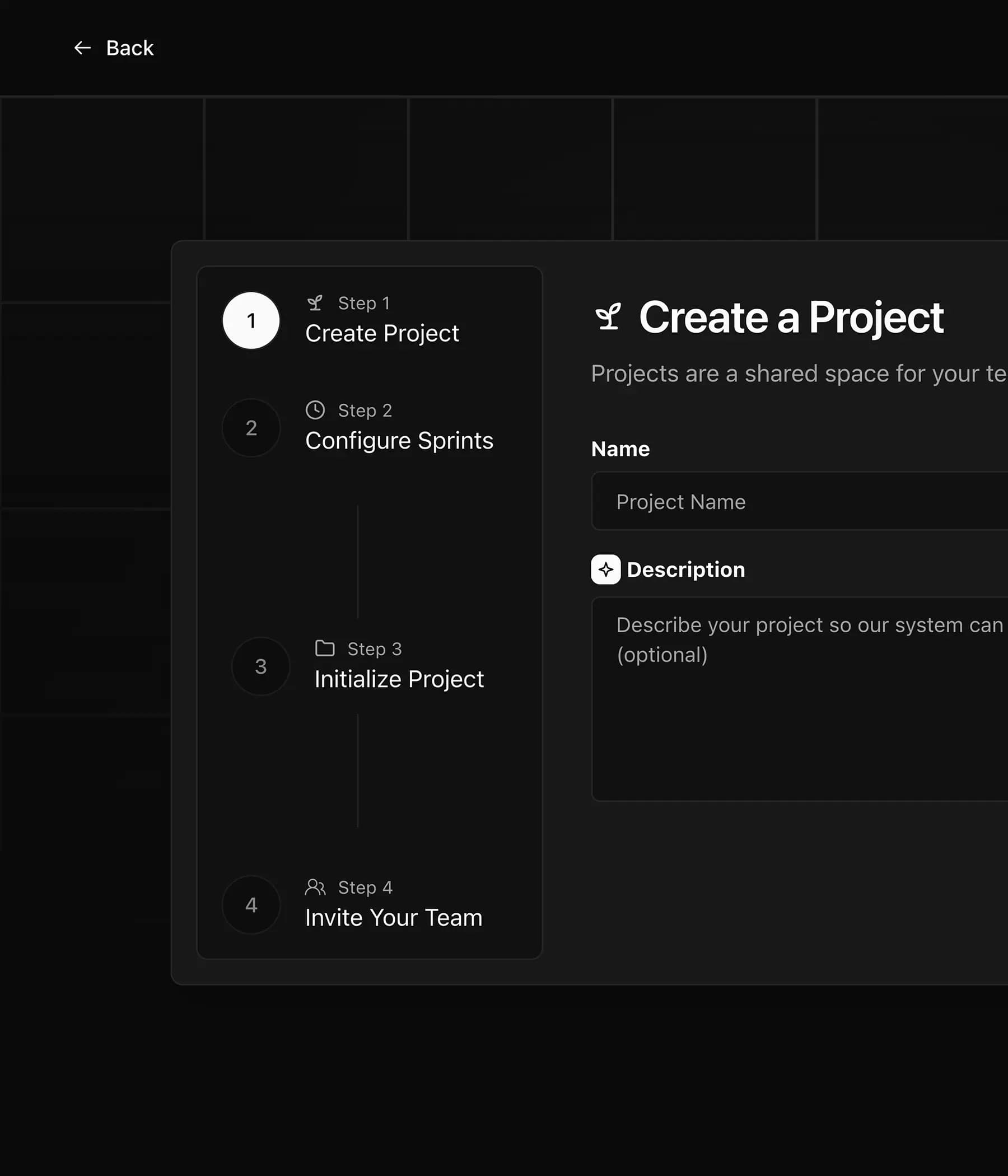 Taskly 'Create a Project' interface showing a 4-step process: Create Project, Configure Sprints, Initialize Project, and Invite Your Team. The first step is active, with fields for Project Name and Description visible.