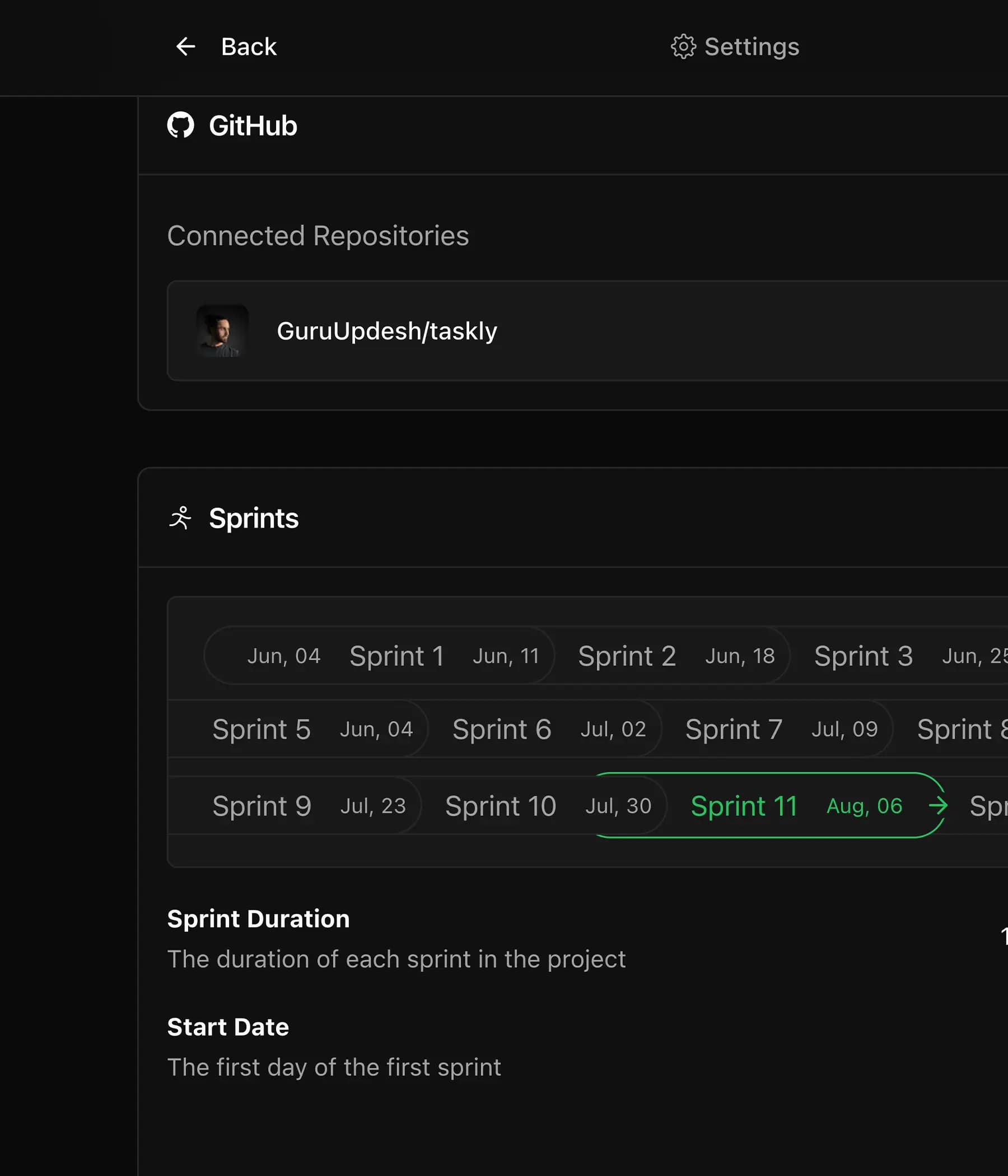 Taskly project settings page showing GitHub integration, connected repository 'GuruUpdesh/taskly', and sprint planning. Displays multiple sprints from Sprint 1 to Sprint 11, with Sprint 11 highlighted starting August 6. Also shows options for Sprint Duration and Start Date.