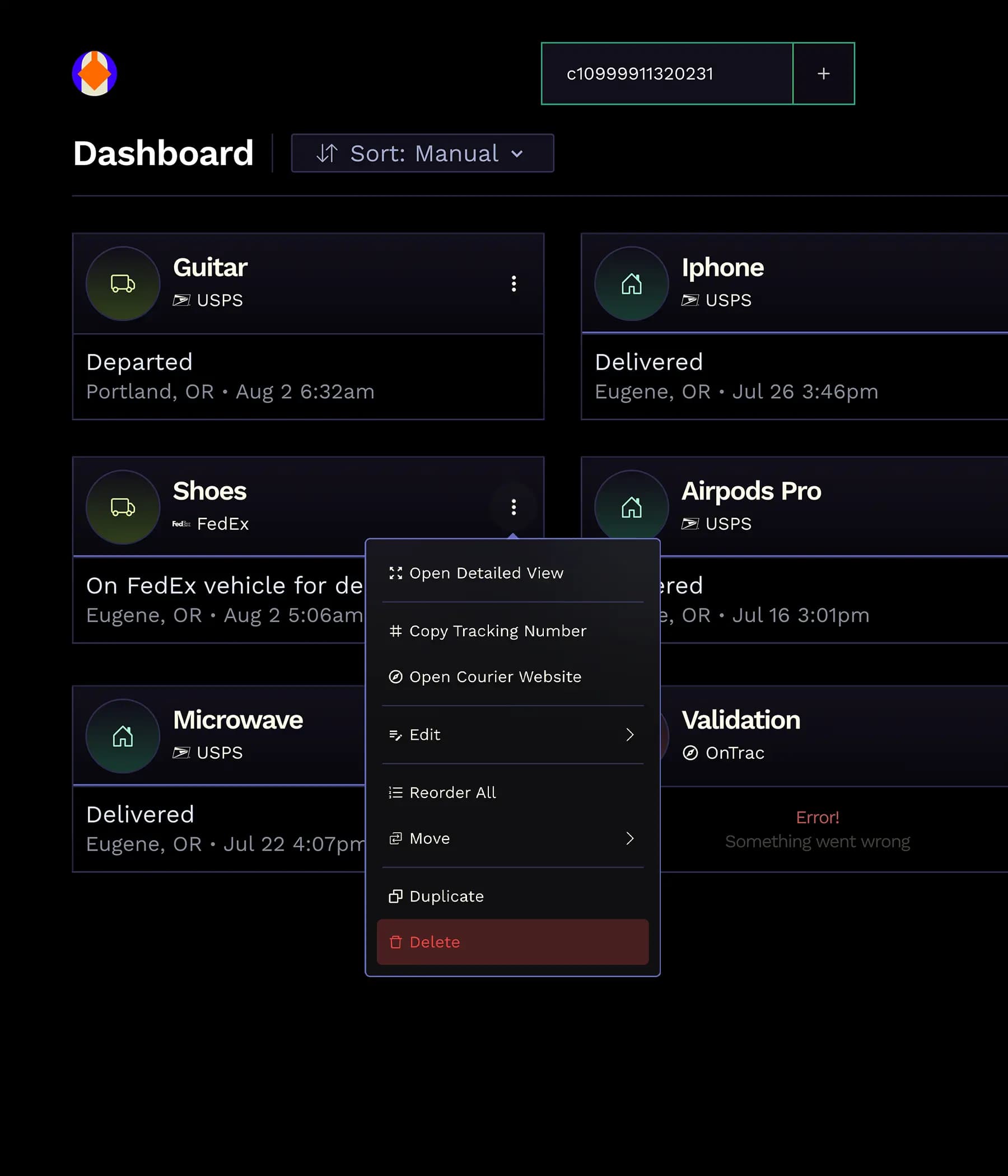 TrackIt dashboard displaying multiple shipments with their status, including Guitar, iPhone, Shoes, and Airpods Pro. A context menu is open for one shipment, showing options like 'Open Detailed View' and 'Copy Tracking Number'.