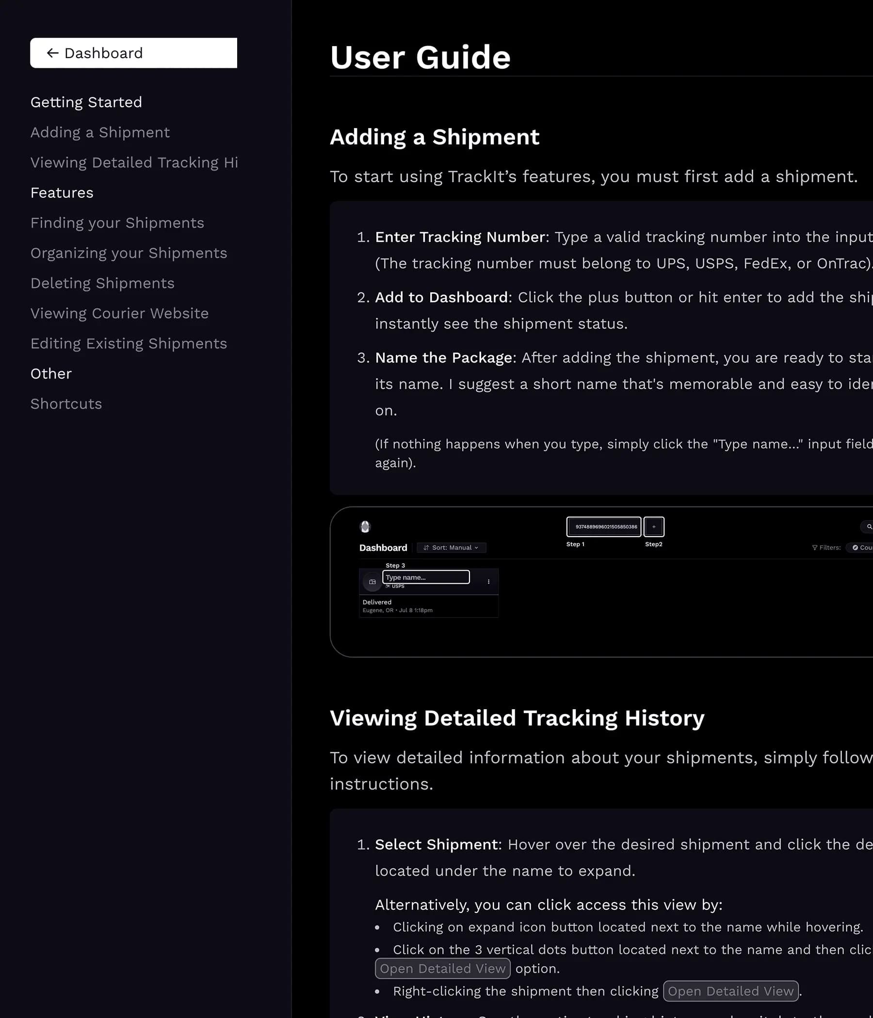 TrackIt user guide showing sidebar navigation and instructions for adding a shipment, including steps to enter tracking numbers and name packages.